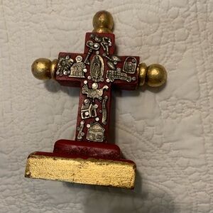 Red & Gold Wooden Cross with 13 Milagros Charms Center is Our Lady of Guadalupe